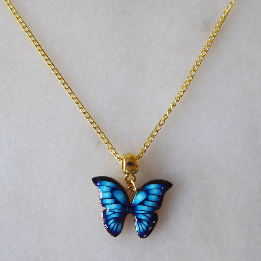 Blue Butterfly Pendant with gold plated Chain