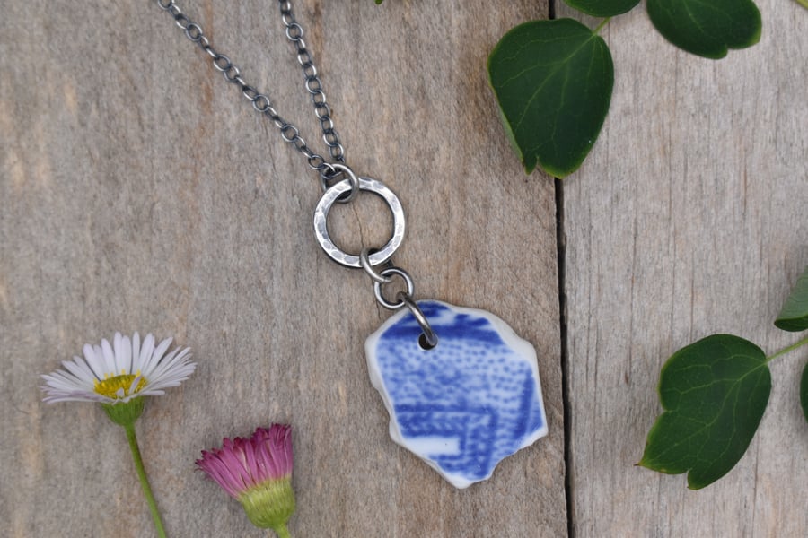 Scottish Sea Pottery and Recycled Sterling Silver Necklace, Blue & White