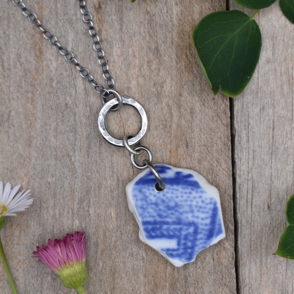 Scottish Sea Pottery and Recycled Sterling Silver Necklace, Blue & White