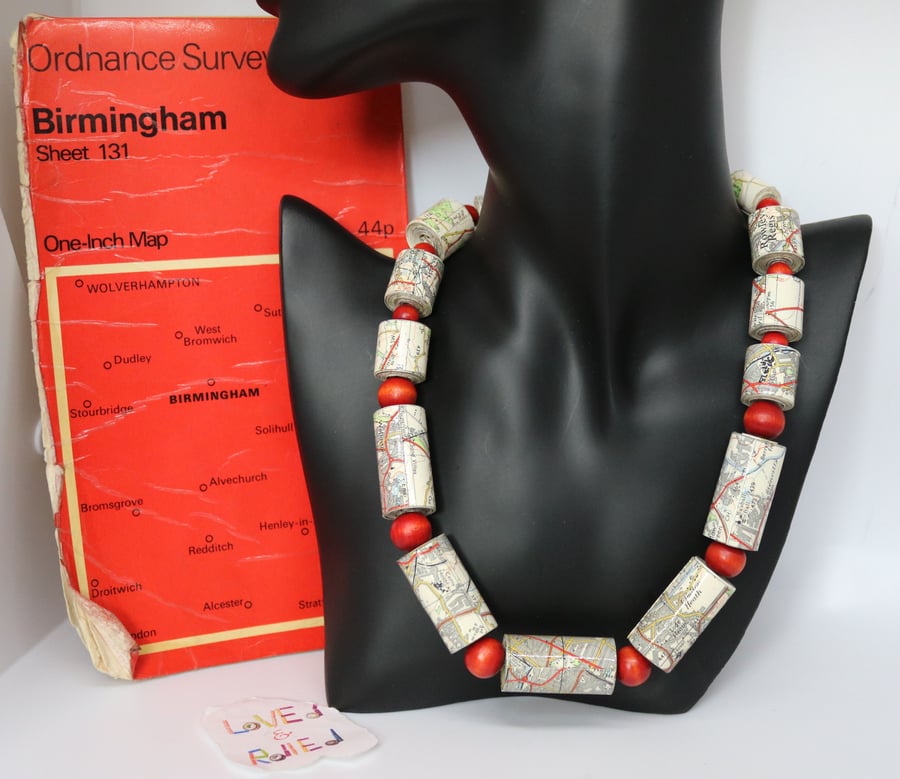 Paper beaded necklace made with OS map of Birmingham 