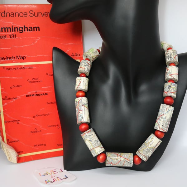 Paper beaded necklace made with OS map of Birmingham 