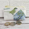 Small purse, coin purse with green bird and blue floral patterned birdhouse