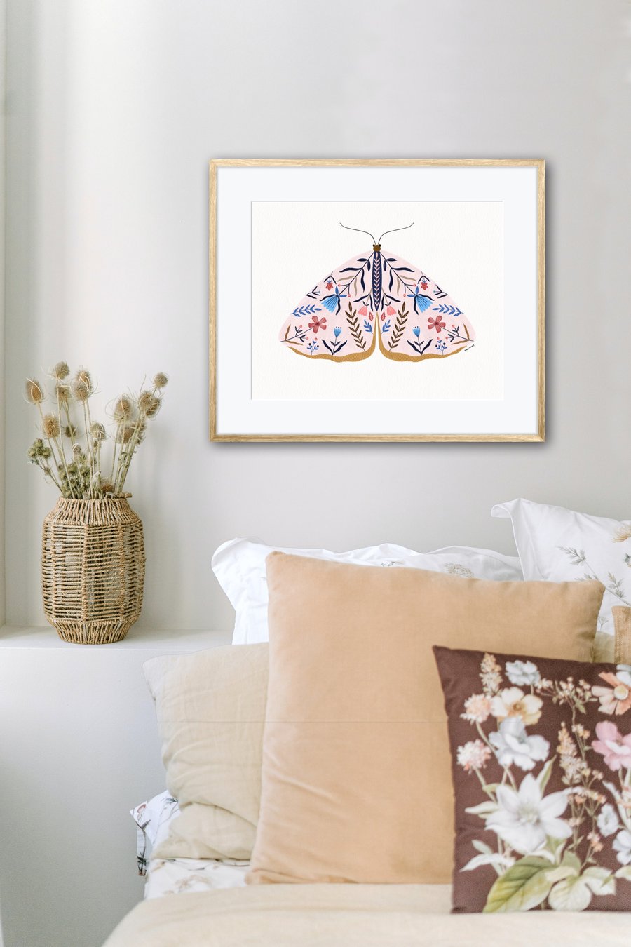Pink Botanical Floral Moth Illustrated Art Print