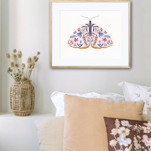 Pink Botanical Floral Moth Illustrated Art Print