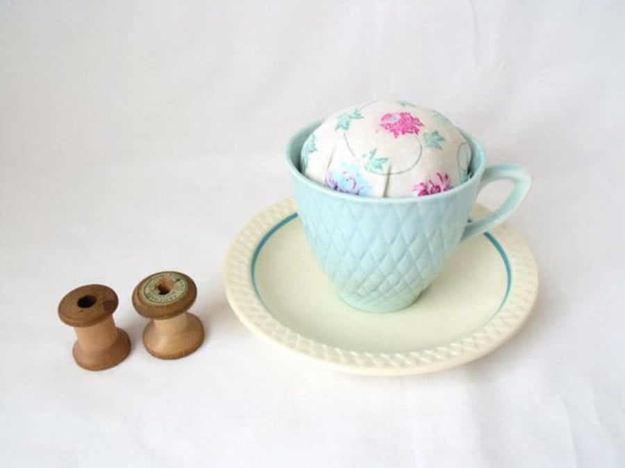 novelty vintage tea cup and saucer pin cushion, turquoise and pink