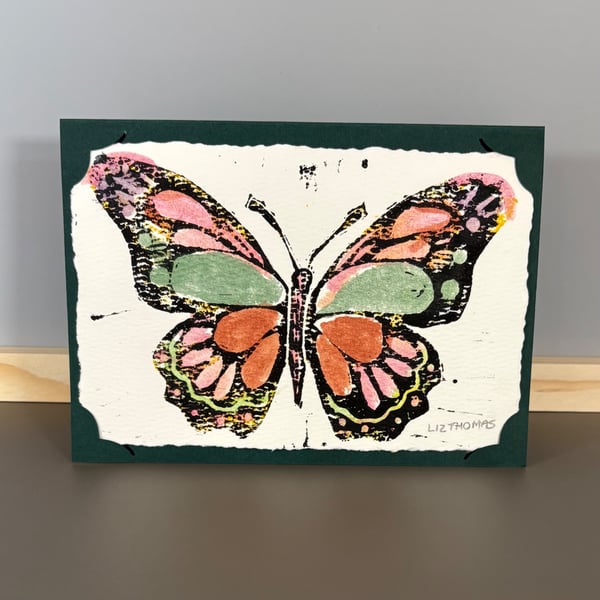 Greetings Card - Hand Printed Painted Butterfly Pink Tipped Wings