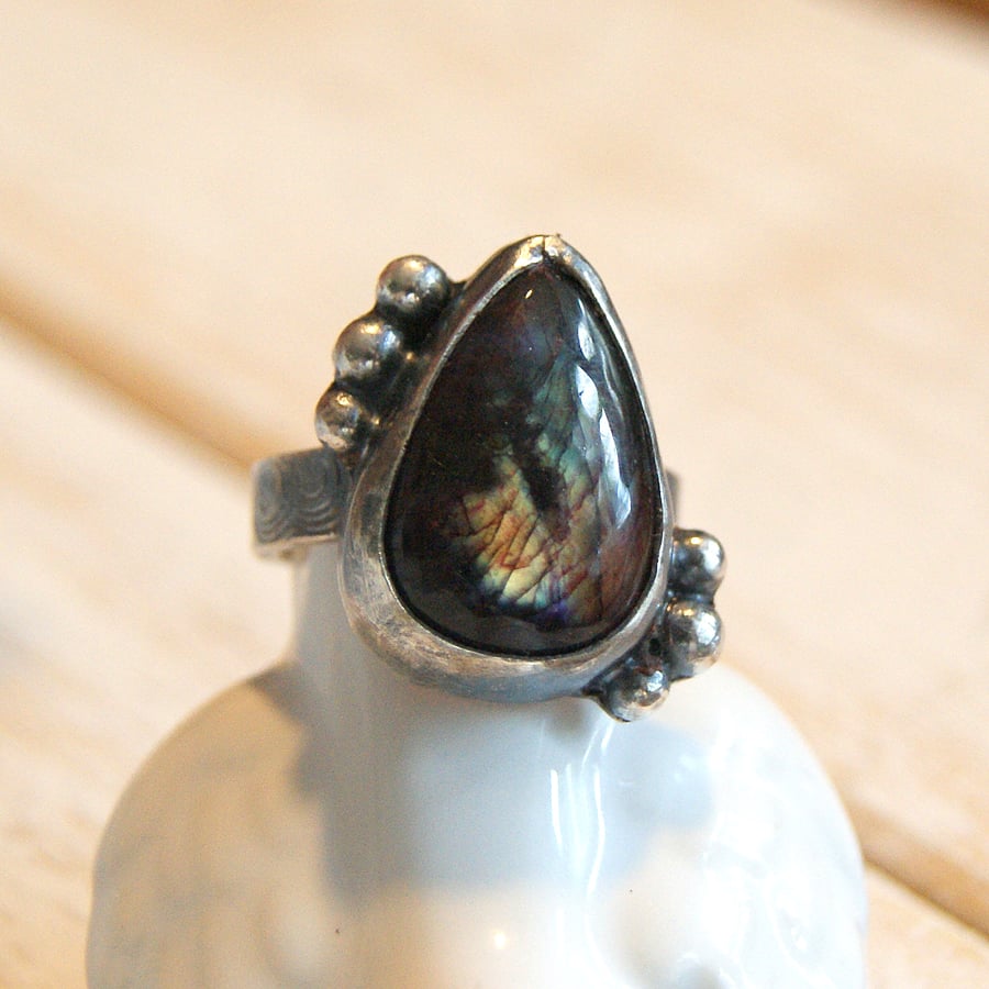 Labradorite Ring, Boho Jewellery, Hammered Rustic Ring