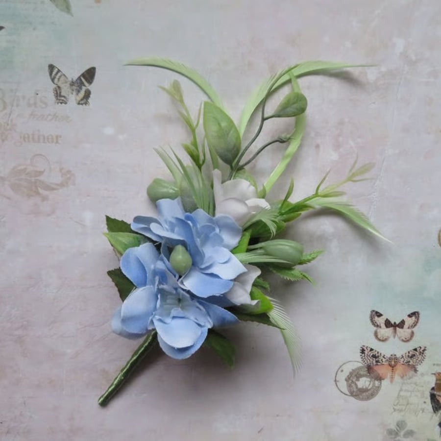Green Pale Blue & Ivory Regency Botanical Flower Sprig Headpiece 