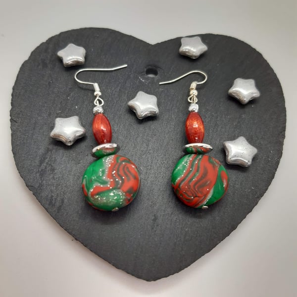 Festive polymer clay dangly earrings