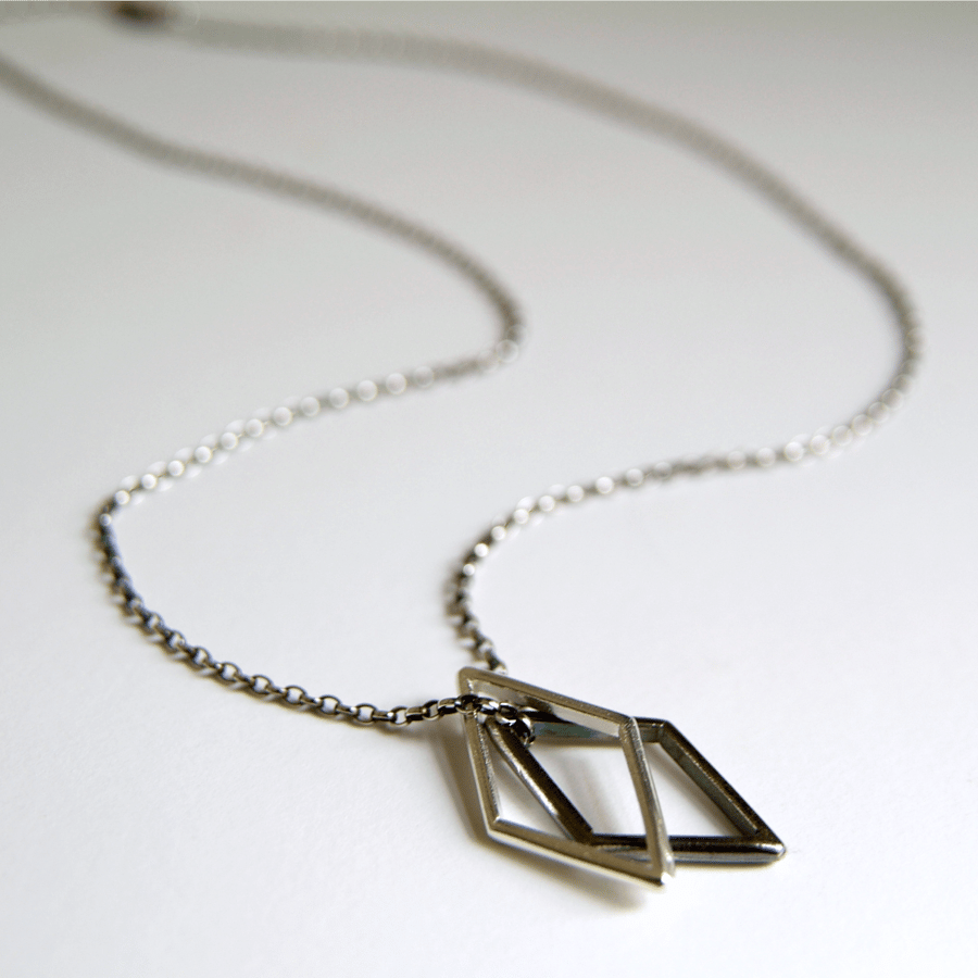 Silver Geometric Necklace, Diamond Shape Pendant, Black & White Necklace 