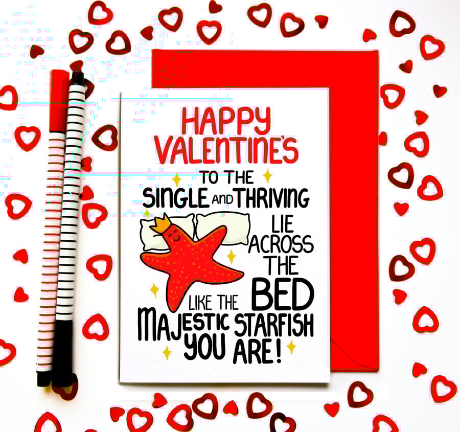 Funny Valentine’s Day Card – Single and Thriving Starfish Across the Bed