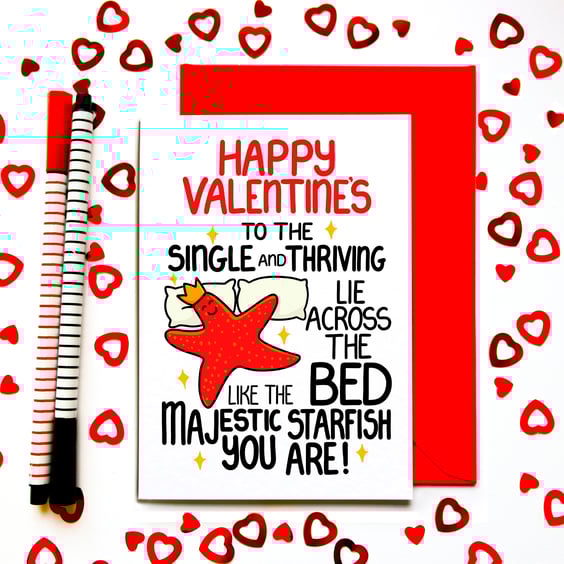 Funny Valentine’s Day Card – Single and Thriving Starfish Across the Bed