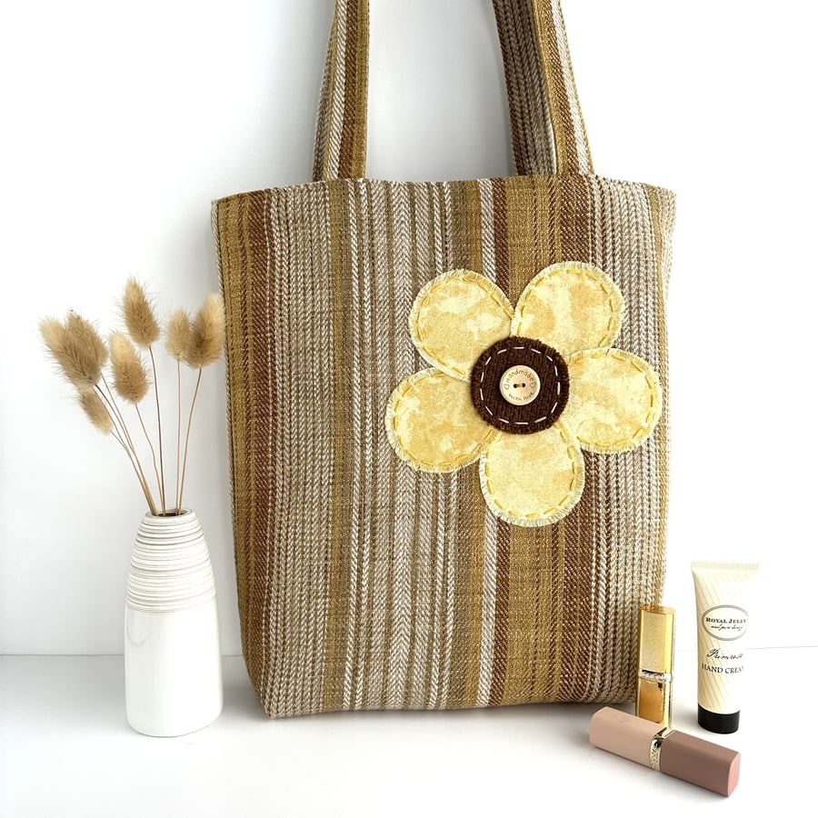 Boho Tote Bag with Yellow Hand-stitched Flower