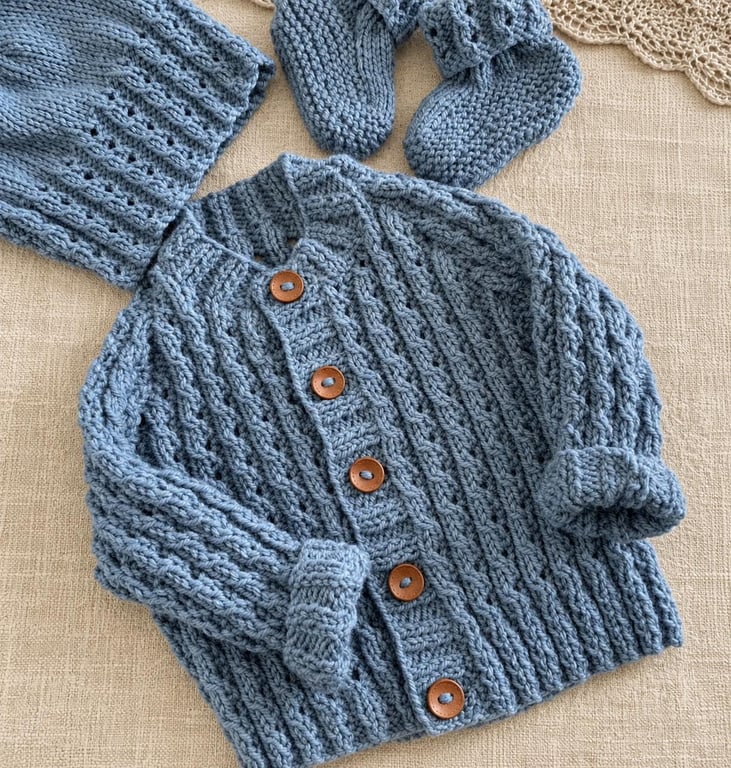 Hand Knitted Baby Boy Cardigan Set – Denim Blue Hat & Booties 3–6 Months