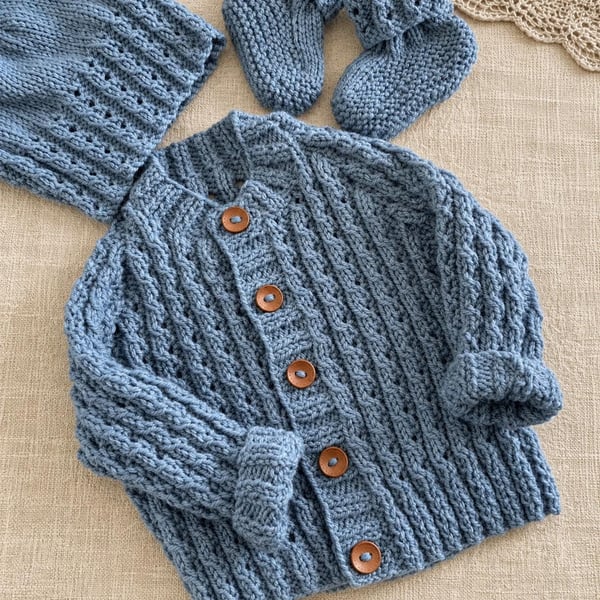 Hand Knitted Baby Boy Cardigan Set – Denim Blue Hat & Booties 3–6 Months
