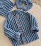 Hand Knitted Baby Boy Cardigan Set – Denim Blue Hat & Booties 3–6 Months