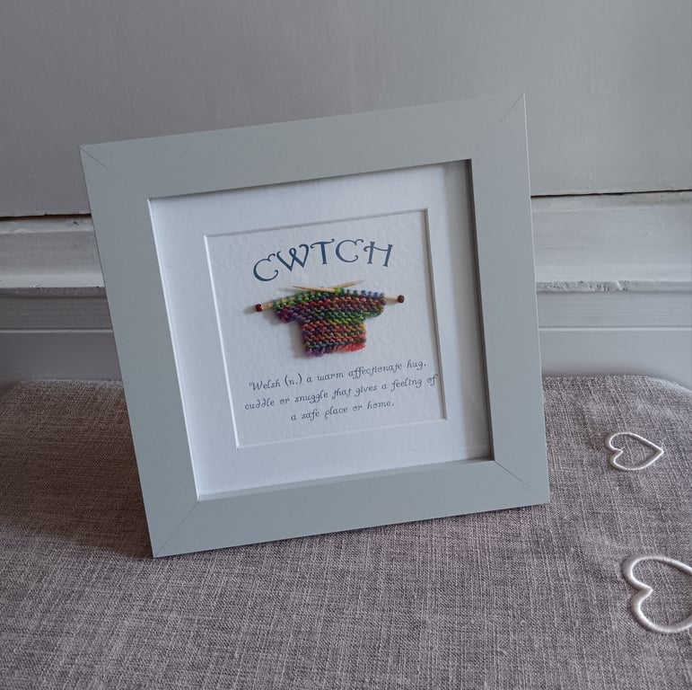 Framed Cwtch Definition with Knitted Jumper Size 22.5 x 22.5 cm (9" x 9")