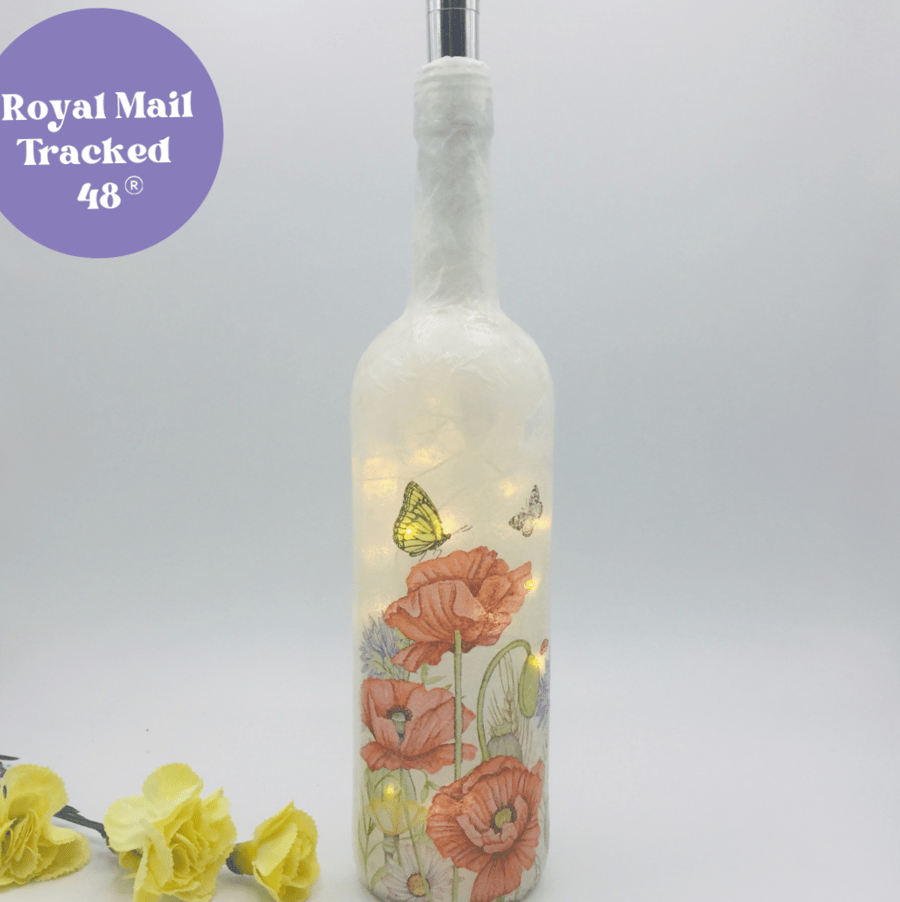 Decoupage light up bottle, Poppies, Cornflowers, Butterflies