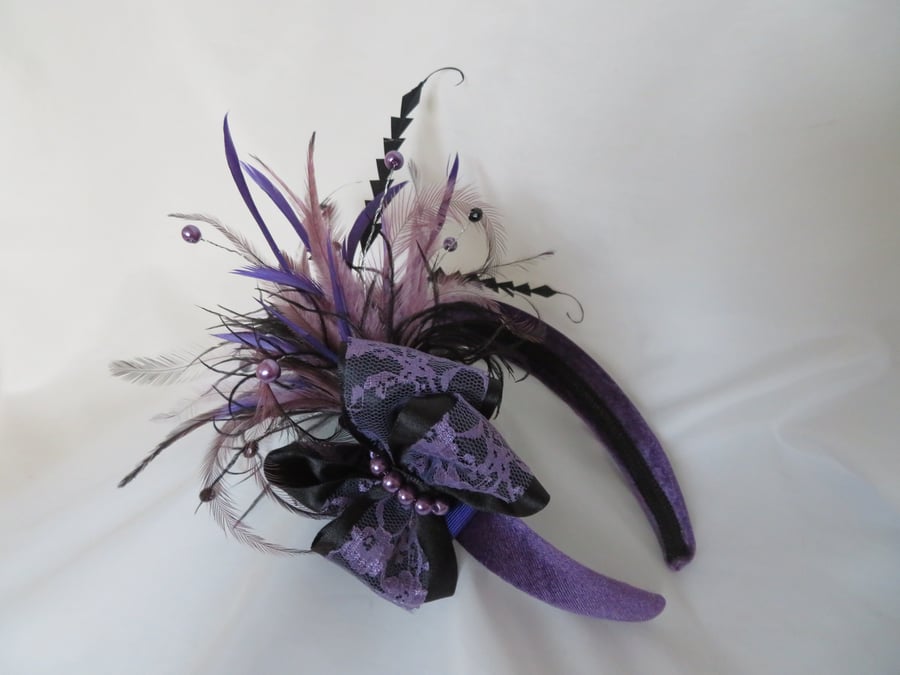 Mauve Lilac Purple & Black Feather Pearl & Crystal Bow Padded Headband 