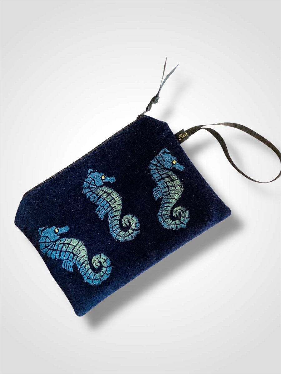 Navy Blue Seahorses Velvet Zip-Up Pouch