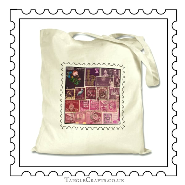 Purple Print Tote Bag - vintage postage stamp collage, cotton eco shopper