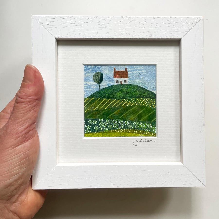 Country Cottage Original Painting Mixed Media Collage Framed Artwork