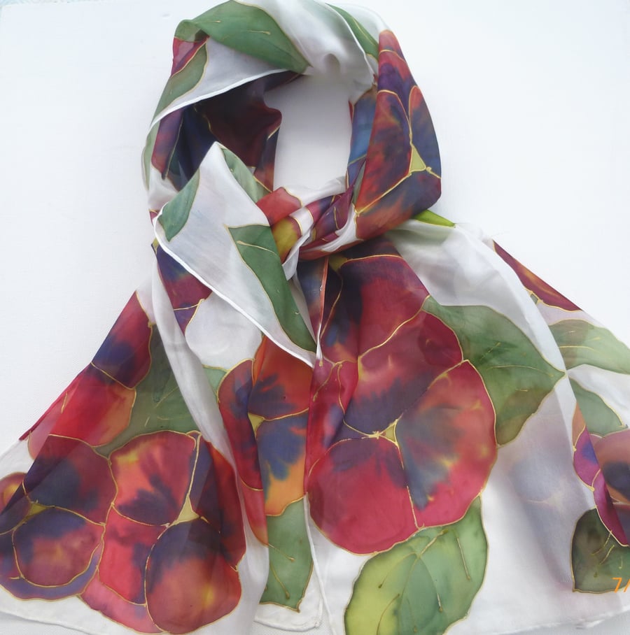 Dark red pansy hand painted silk scarf