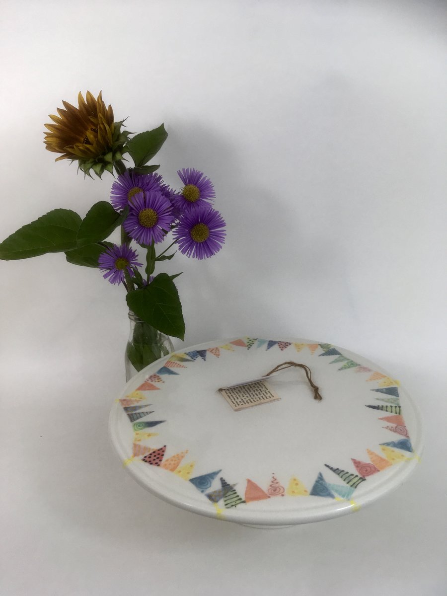 Bunting cake stand, hand painted ceramics