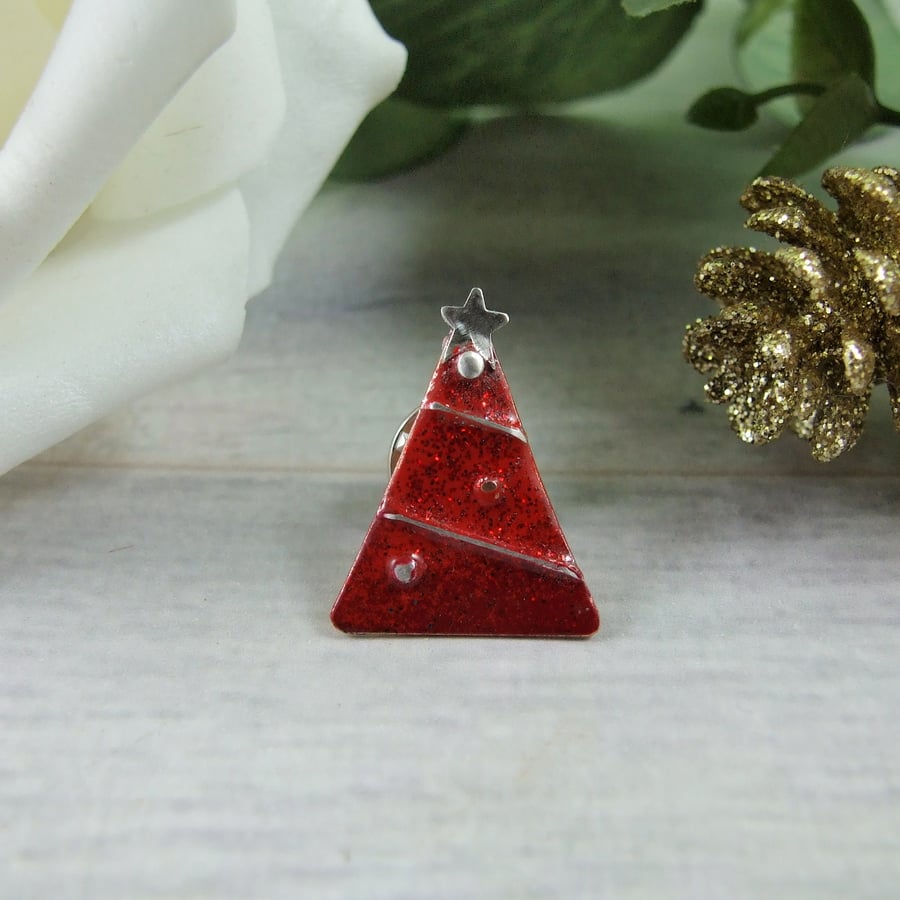 Festive Brooch. Red Enamel, Copper & Sterling Silver Christmas Tree Lapel Pin 