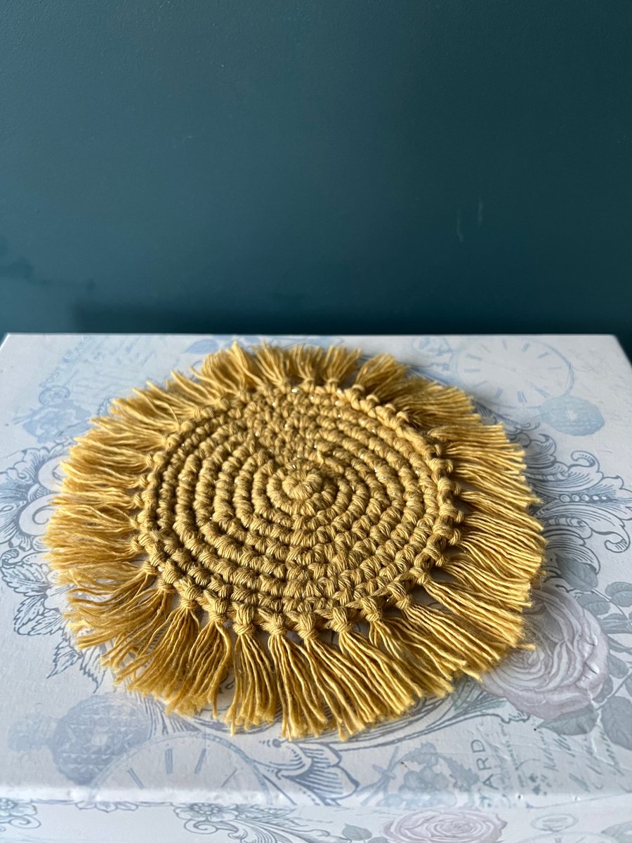 Festive Gold Cotton Crochet Fringed Coasters for Christmas Home Decor