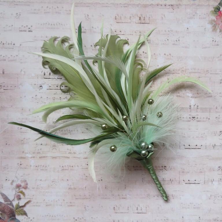 Shades of Olive Apple Sage Green & Pearl Regency Feather Sprig Headpiece Pin