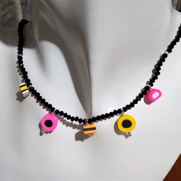 Liquorice Allsorts Sweetie Charm Black Crystal Beaded Choker 14-15 inch