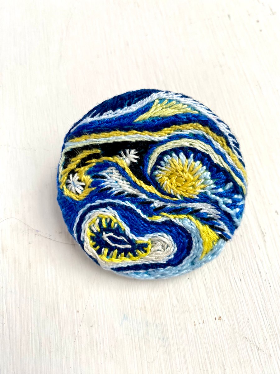 Hand Embroidered Brooch- abstract Van Gogh inspired design
