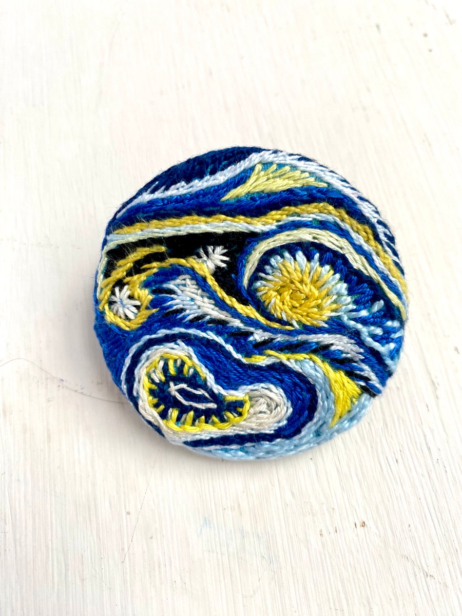 Brooch, Hand Embroidered abstract Van Gogh inspired design