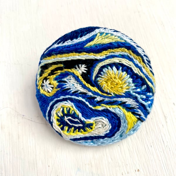 Hand Embroidered Brooch- abstract Van Gogh inspired design