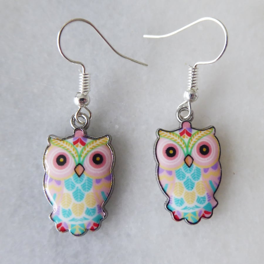Cute Multicoloured Owl Earrings with Silver Plated Ear Wires
