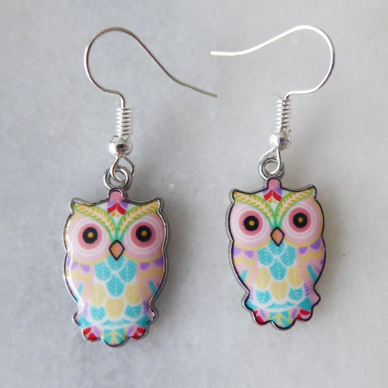 Cute Multicoloured Owl Earrings with Silver Plated Ear Wires