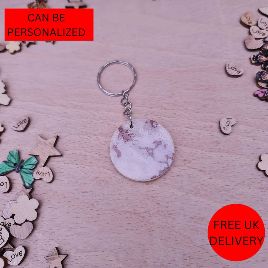 Handmade Grey Gold Marble Wooden Decoupaged Round Keyring - FREE UK DELIVERY