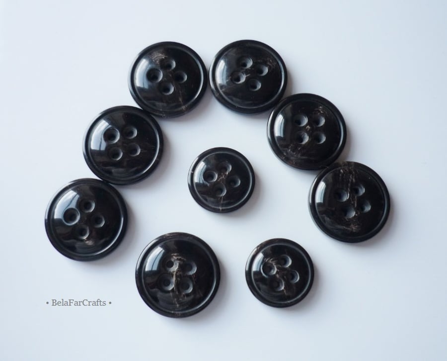 Set of 9 black buttons - Buttons for clothes - Craft supplies
