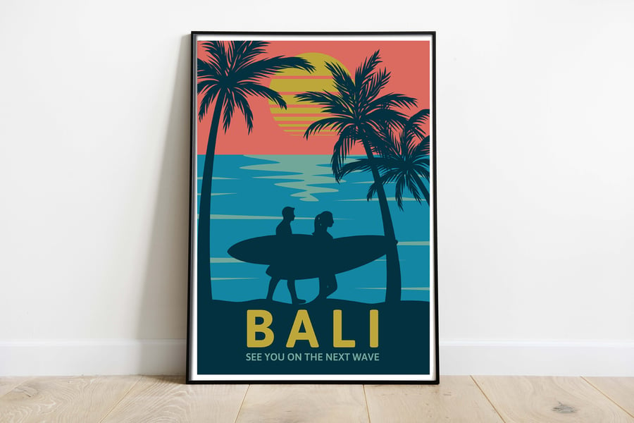 Bali retro travel poster, Indonesia travel poster