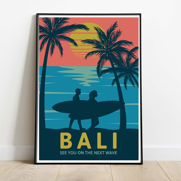 Bali retro travel poster, Indonesia travel poster