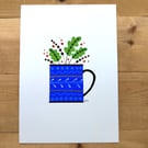A5 folk art painting of mug and leaves for whimsical cottage core décor