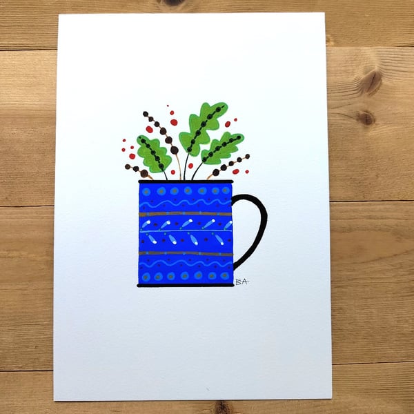 A5 folk art painting of mug and leaves for whimsical cottage core décor