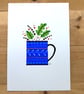 A5 folk art painting of mug and leaves for whimsical cottage core décor