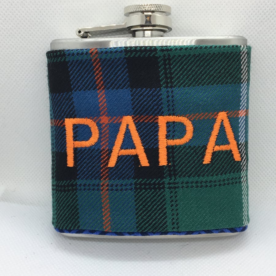 Green , Blue and Black tartan 6ozStainless steel Hip Flask PAPA embroidered 