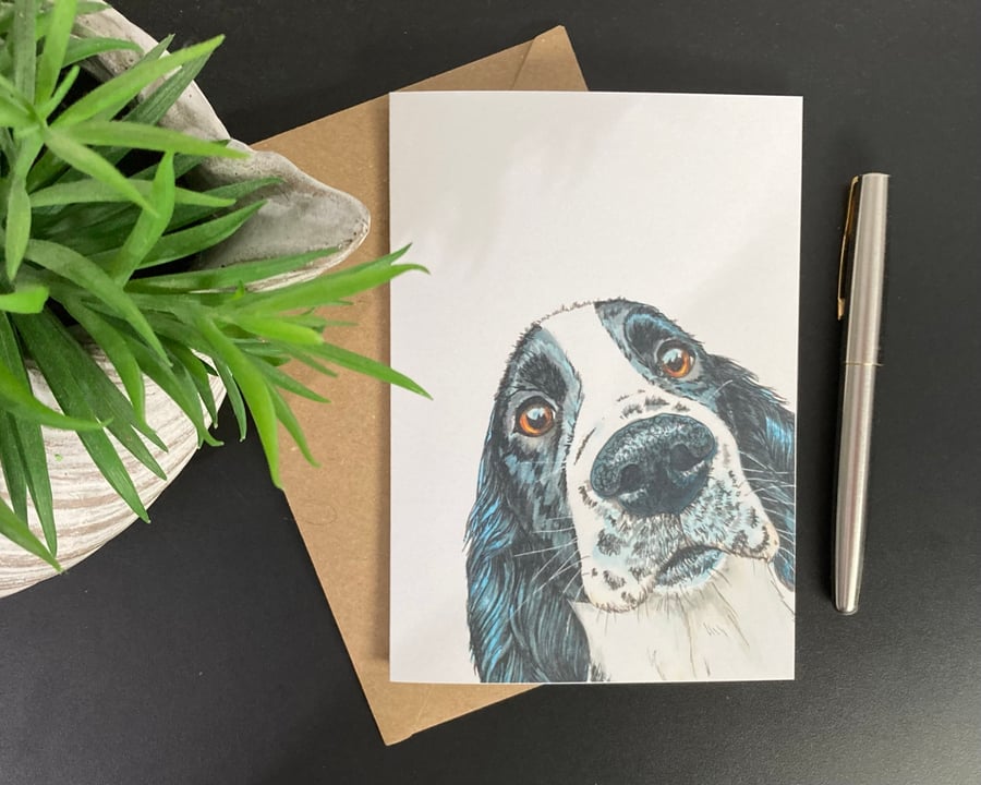 Spaniel Dog Art Card. Springer or working cocker spaniel. Blank or personalised.