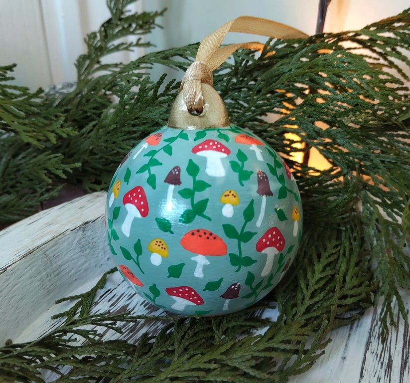 Hand Painted Green Toadstool Christmas Bauble