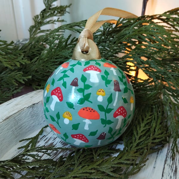 Hand Painted Green Toadstool Christmas Bauble