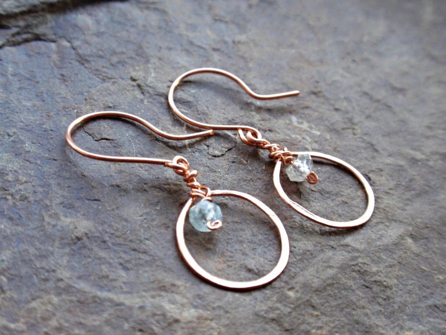 Rose gold aquamarine earrings, gold hoop earrings with blue gemstone