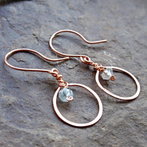 Rose gold aquamarine earrings, gold hoop earrings with blue gemstone